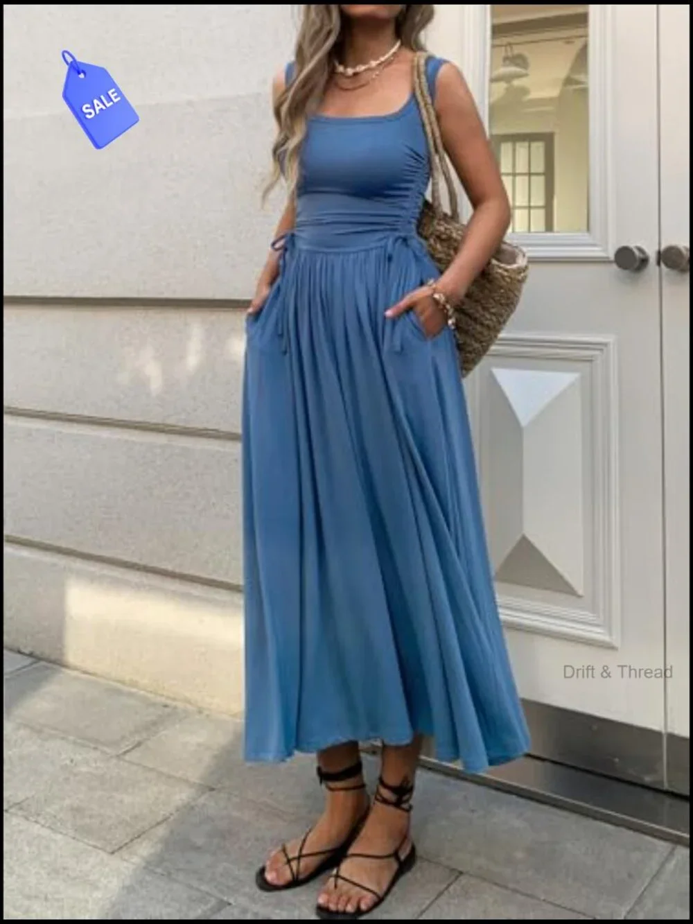 Boho Summer Maxi Dress with Pockets, Adjustable Waist, Sleeveless Casual - Picture 3 of 6
